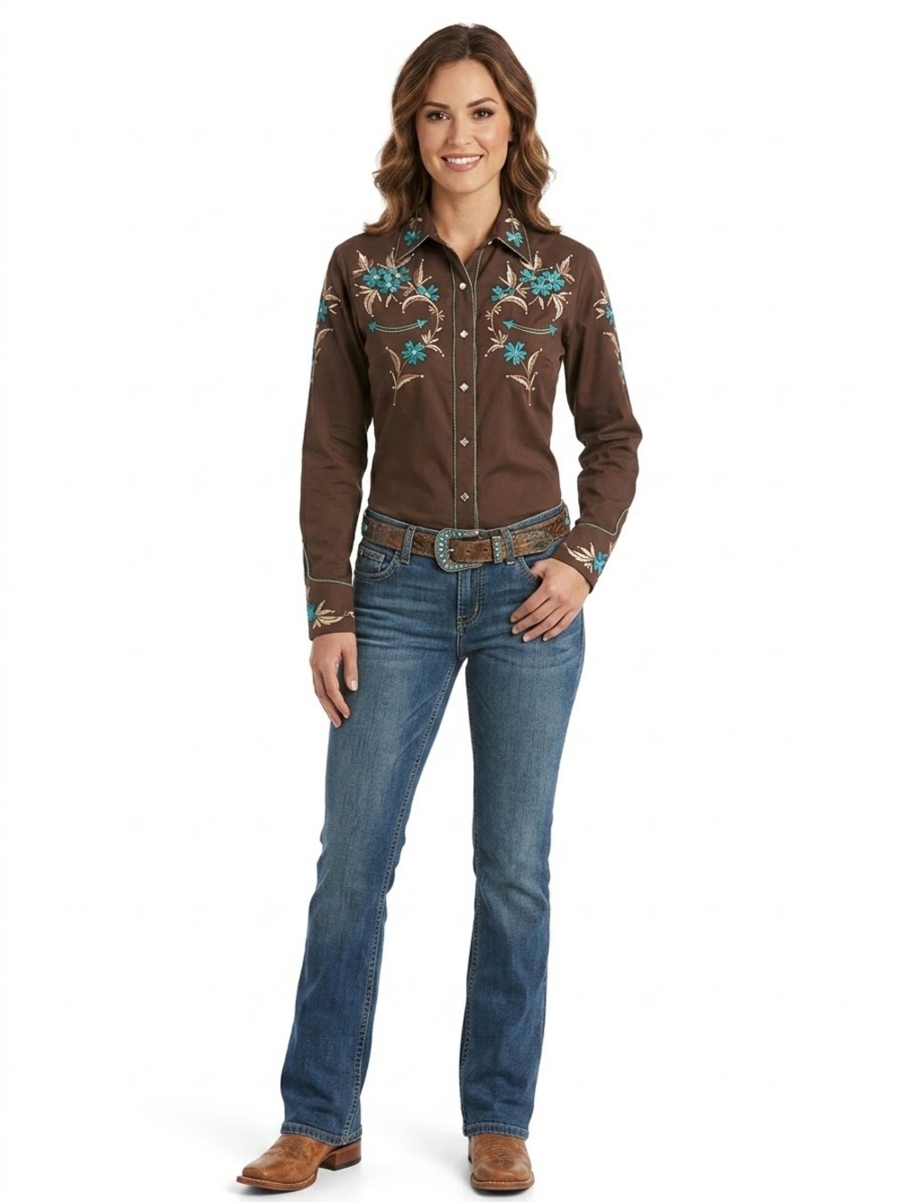 Panhandle Slim Brown Turquoise Embroidered Western Snap Shirt M